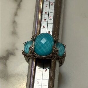 Judith Ripka Sterling silver and doublet 3-stone turquoise and CZ ring, size 7